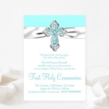 Teal Diamond Cross Girls Teal Blue First Communion Invitation by InvitationCentral at Zazzle