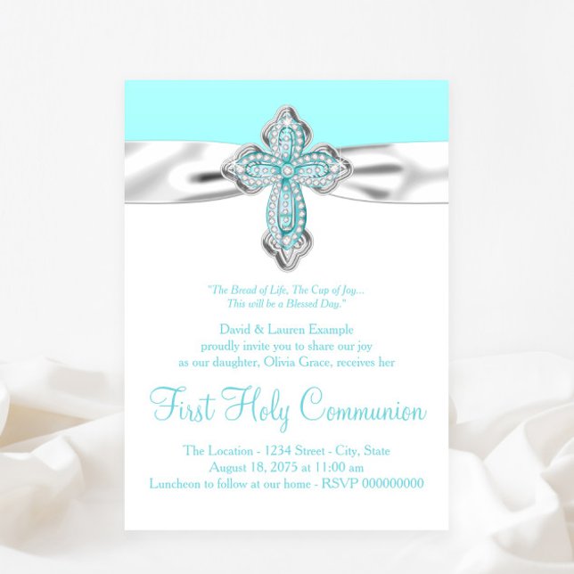 Teal Diamond Cross Girls Teal Blue First Communion Invitation (Any event invitation - simply add your details.)