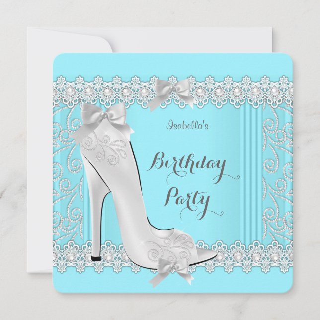 Teal Diamond Damask High Heel Birthday Party Invitation (Front)