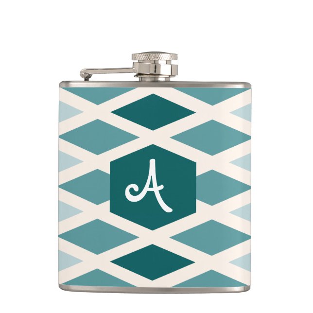 Teal Diamond Ombre Monogram Flask (Front)