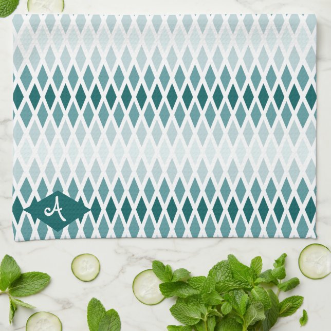 Teal Diamond Ombre Monogram Kitchen Towel (Folded)
