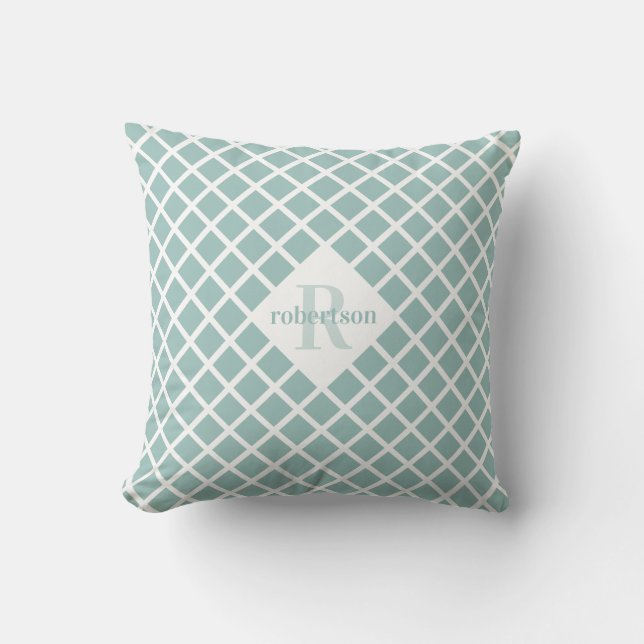Teal Diamond Pattern Modern Monogram Throw Pillow (Front)