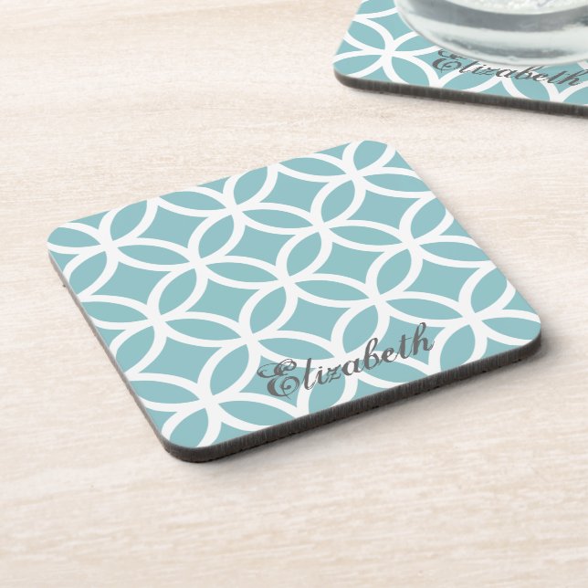 Teal Diamond Pattern Personalized Beverage Coaster (Left Side)