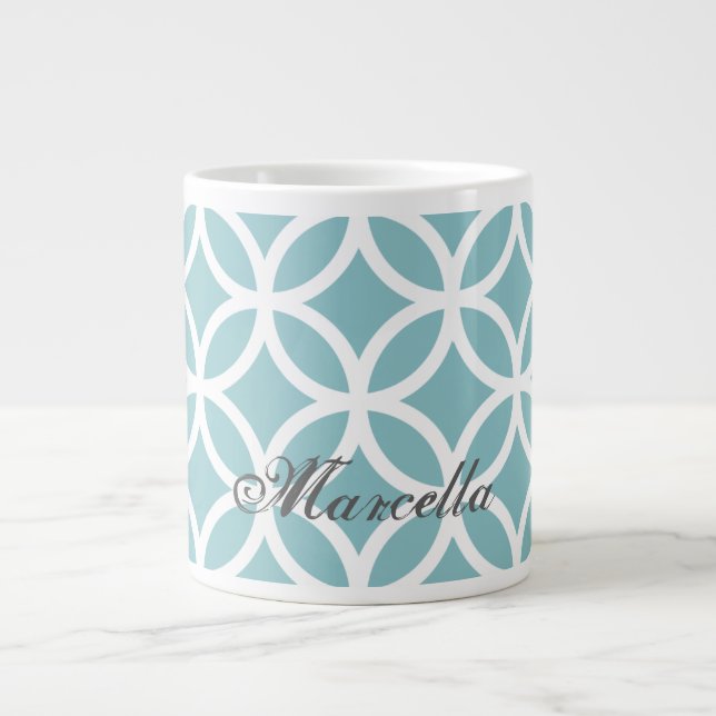 Teal Diamond Pattern Personalized Giant Coffee Mug (Front)