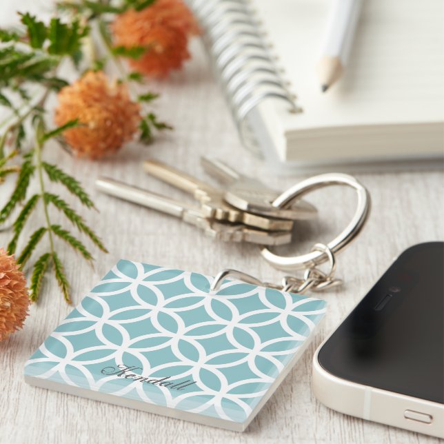 Teal Diamond Pattern Personalized Keychain (Front Right)