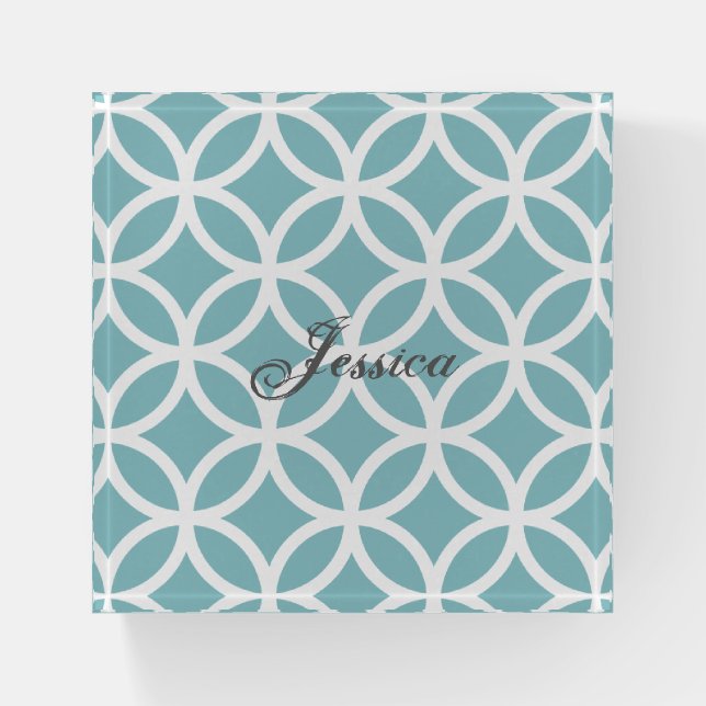 Teal Diamond Pattern Personalized Paperweight (Front)