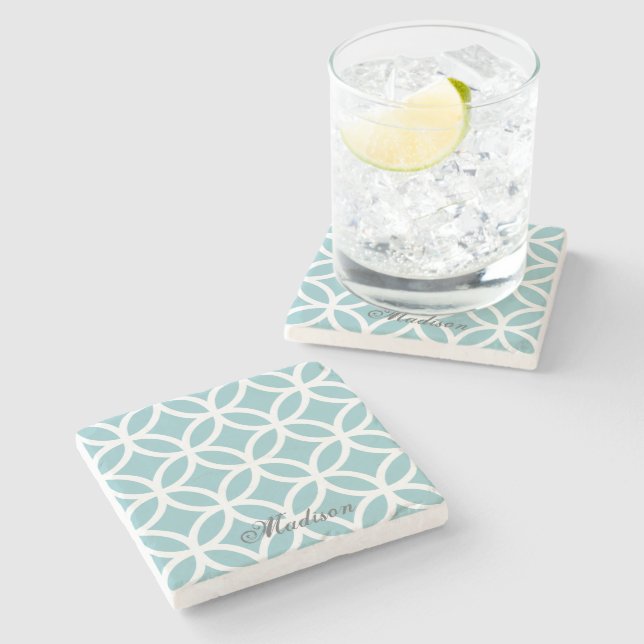 Teal Diamond Pattern Personalized Stone Coaster (Side)