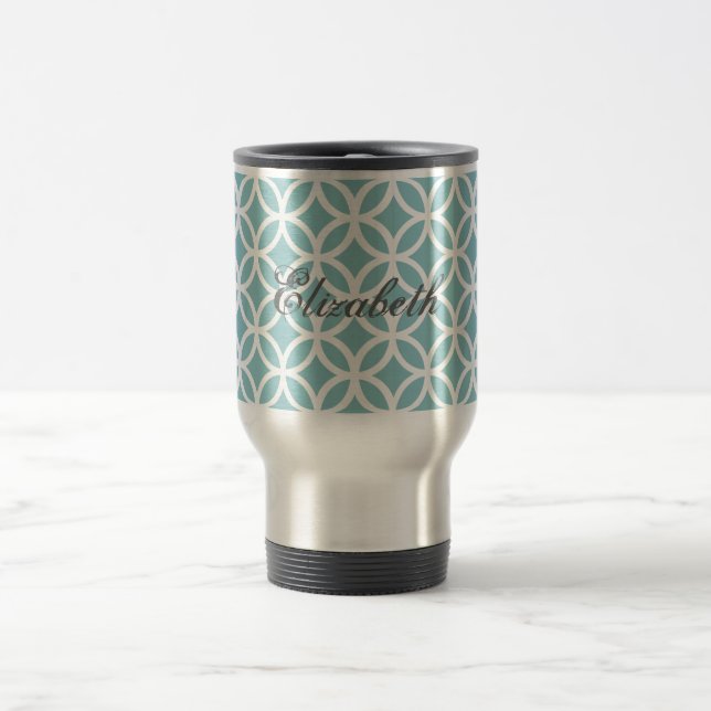 Teal Diamond Pattern Personalized Travel Mug (Center)