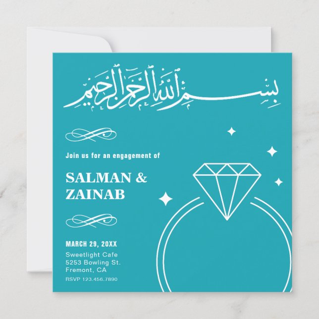 Teal Diamond Ring Islamic Muslim Engagement Invitation (Front)