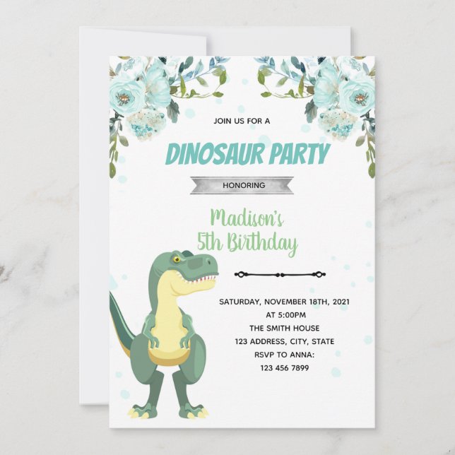 Teal Dinosaur baby shower invitation (Front)