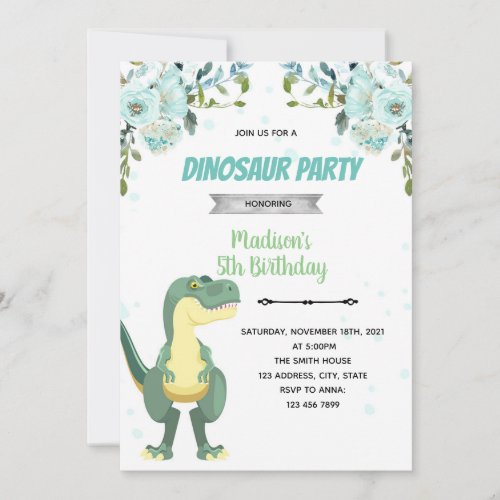 Teal Dinosaur baby shower invitation