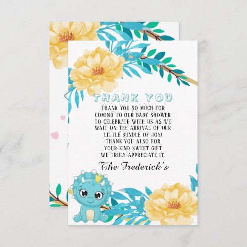 Teal Dinosaur Girl Baby Shower Thank You Cards