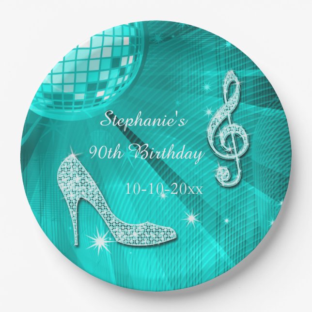 Teal Disco Ball and Heels 90th Birthday Paper Plates (Front)