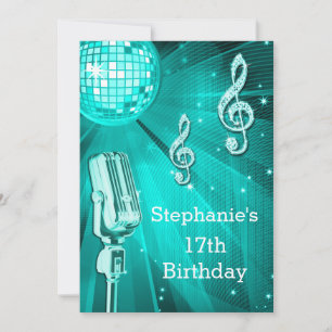 Teal Disco Ball and Retro Microphone 17th Birthday Invitation