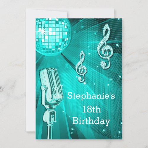 Teal Disco Ball and Retro Microphone 18th Birthday Invitation