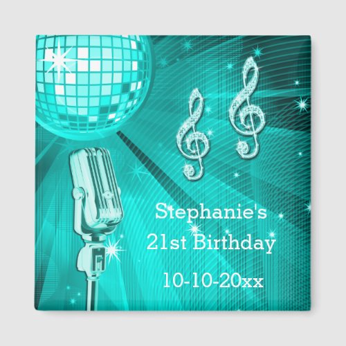 Teal Disco Ball and Retro Microphone 21st Birthday Magnet