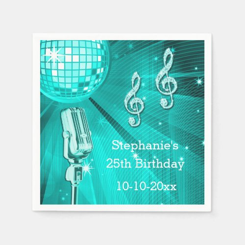 Teal Disco Ball and Retro Microphone 25th Birthday Paper Napkins