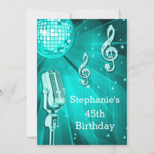 Teal Disco Ball and Retro Microphone 45th Birthday Invitation