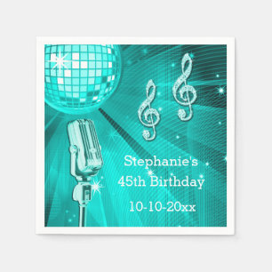 Teal Disco Ball and Retro Microphone 45th Birthday Napkins