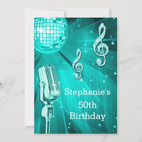 Teal Disco Ball and Retro Microphone 50th Birthday Invitation