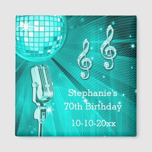 Teal Disco Ball and Retro Microphone 70th Birthday Magnet