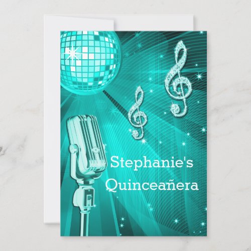 Teal Disco Ball and Retro Microphone Quinceaera Invitation