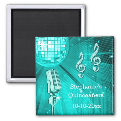 Teal Disco Ball and Retro Microphone Quinceaera Magnet