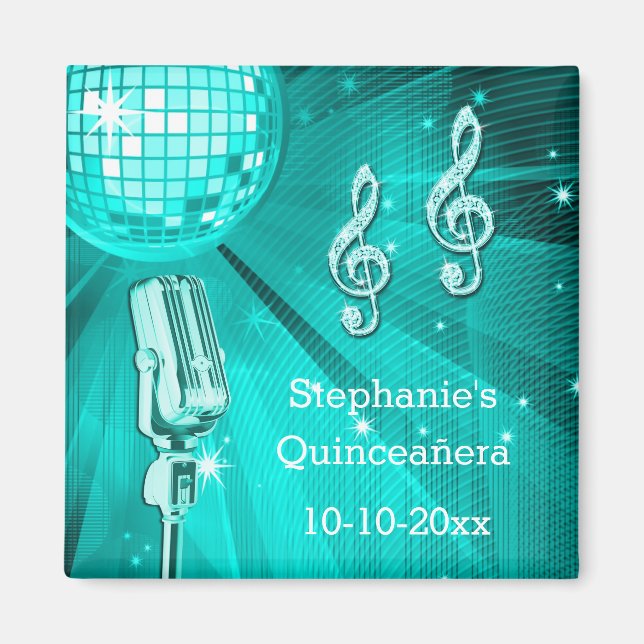 Teal Disco Ball and Retro Microphone Quinceañera Magnet (Front)