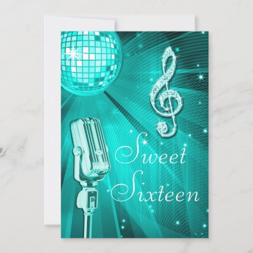 Teal Disco Ball and Retro Microphone Sweet 16 Invitation