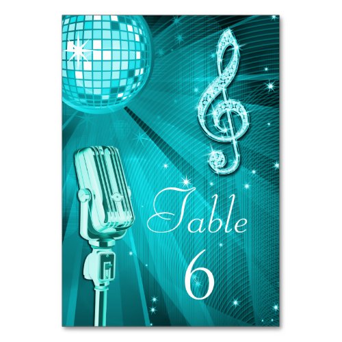 Teal Disco Ball and Retro Microphone Table Number