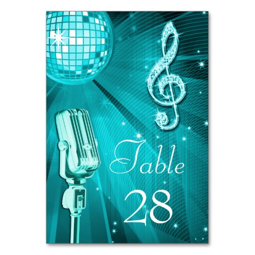 Teal Disco Ball and Retro Microphone Table Number