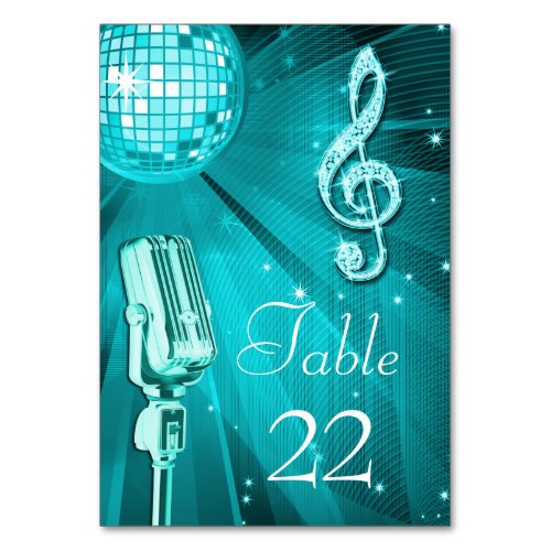 Teal Disco Ball and Retro Microphone Table Number