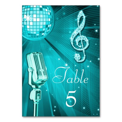 Teal Disco Ball and Retro Microphone Table Number