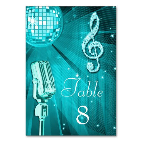 Teal Disco Ball and Retro Microphone Table Number