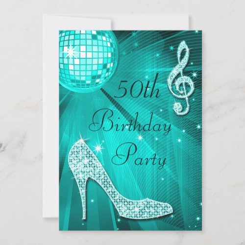 Teal Disco Ball and Sparkle Heels 50th Birthday Invites