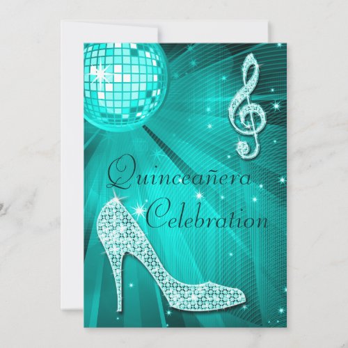 Teal Disco Ball and Sparkle Heels Quinceaera Invitation