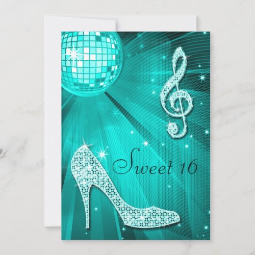 Teal Disco Ball and Sparkle Heels Sweet 16 Invitation