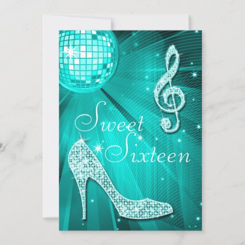 Teal Disco Ball and Sparkle Heels Sweet 16 Invitation