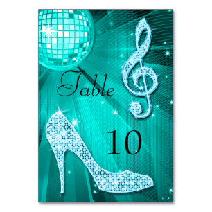 Teal Disco Ball and Stiletto Shoe Double Sided Table Number