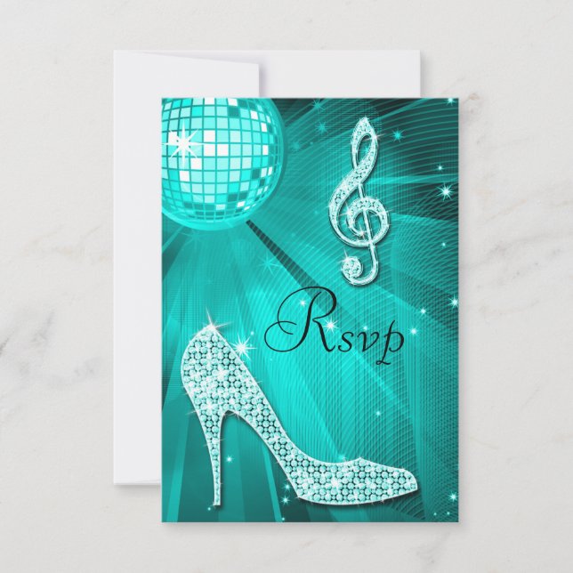 Teal Disco Ball Sparkle Heels RSVP Card (Front)