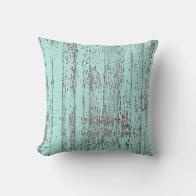 Teal Distressed Rustic Wood Throw Pillow (Front)