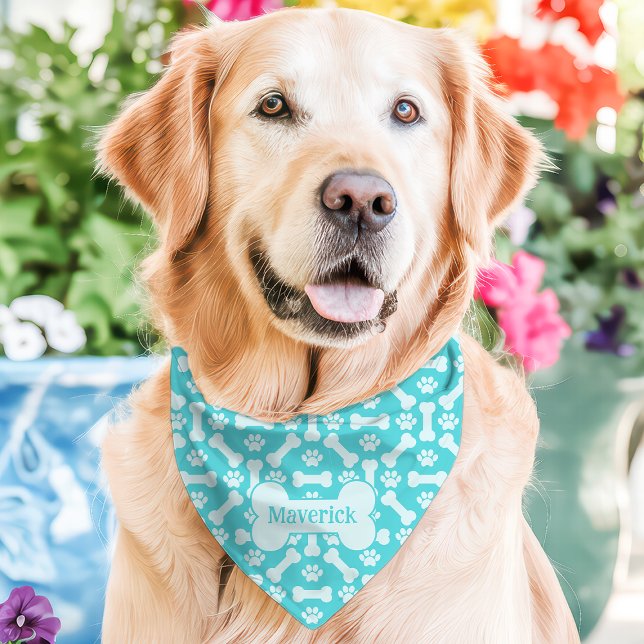 Teal Dog Bones Paw Print Custom Name Pet Bandana Collar (Creator Uploaded)