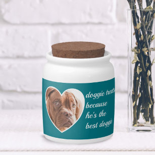 Teal Dog Photo Heart Frame Custom Pet Treats Candy Jar
