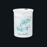 Teal Dolphin Personalized Beverage Pitcher<br><div class="desc">Serve your hot or cold beverages with this unique Teal Dolphin Personalized Porcelain Pitcher. Pitcher design features a vibrant metallic dolphin against a muted seascape adorned elegant scrolls with an area to personalize with your name.  Additional gift items available with this design as well as a variety of colors.</div>