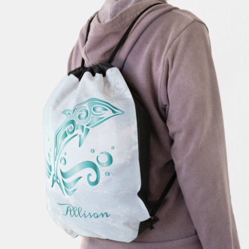 Teal Dolphin Personalized Drawstring Bag