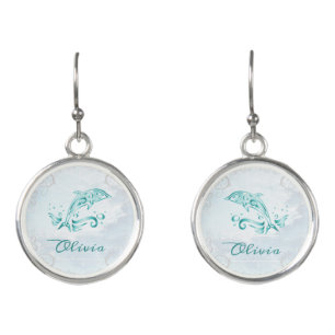 Teal Dolphin Personalized Earrings