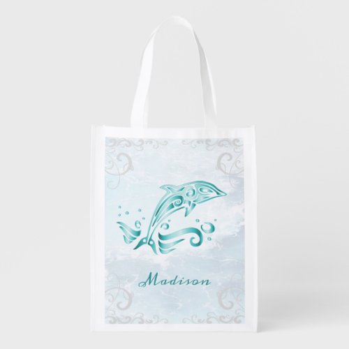 Teal Dolphin Personalized Grocery Bag