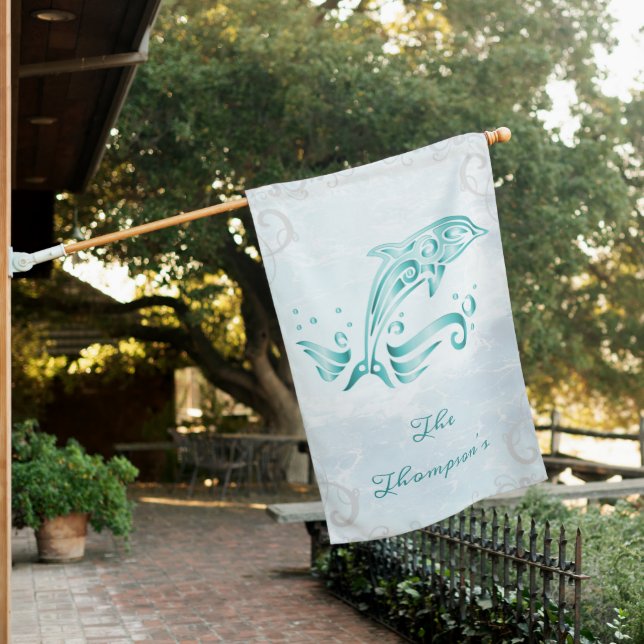 Teal Dolphin Personalized House Flag (In SItu)