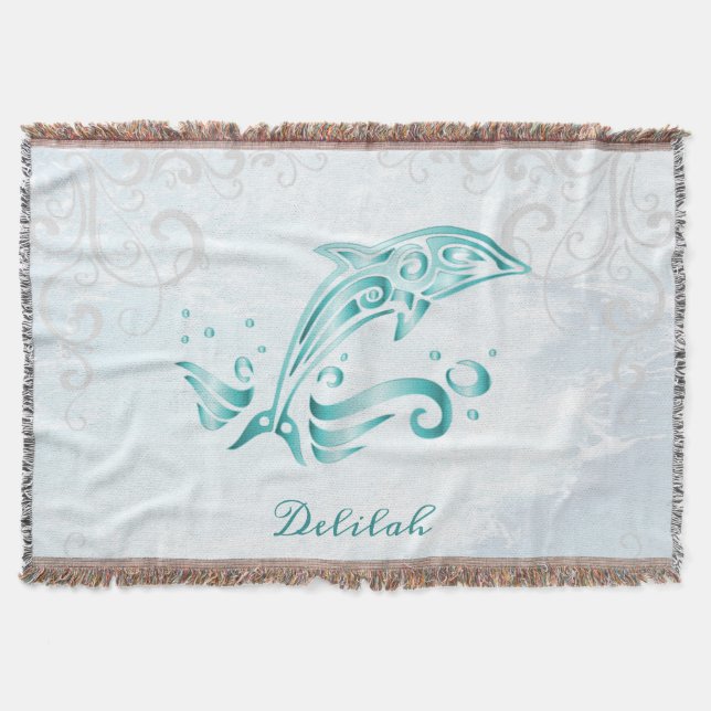 Teal Dolphin Personalized Throw Blanket (Front)