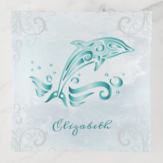 Teal Dolphin Personalized Trinket Tray (Front)